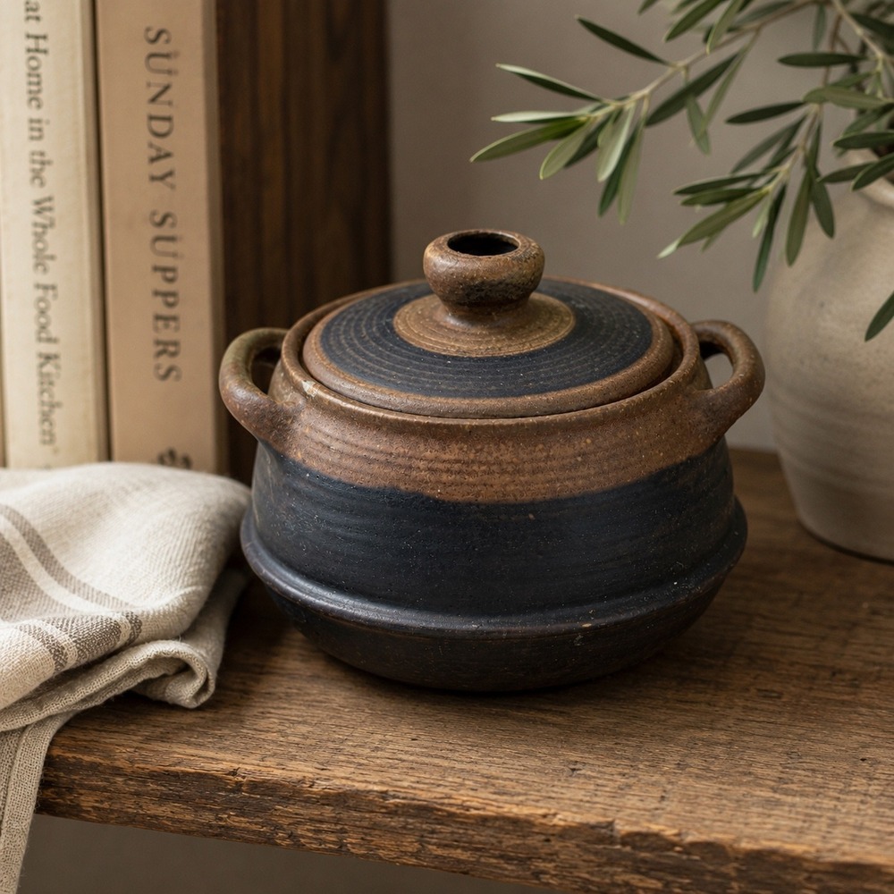 Primitive Farmhouse Shelf Decor Bean Pot Lidded Crock Rustic Kitchen Canister